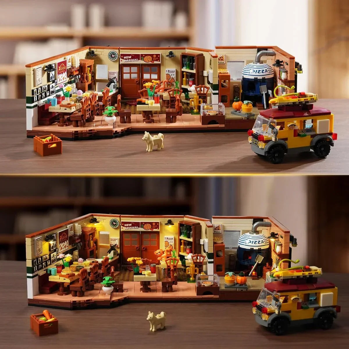 Lego-Set eines Pizzarestaurants mit einem Lieferwagen und einem Hund