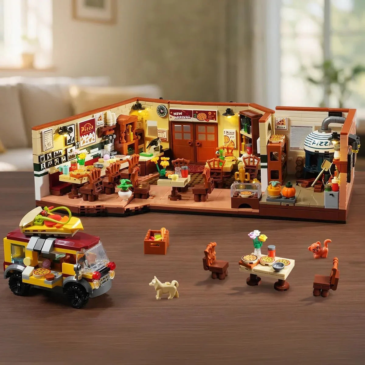 Lego Pizzeria mit Essbereich, Pizzaofen, Lieferwagen, Tischen, Stühlen, Hund und Katze