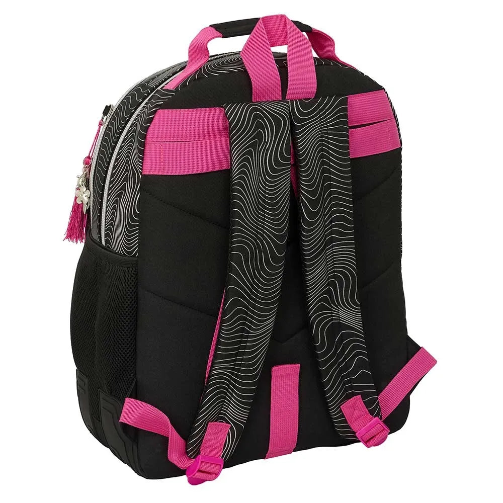 Schwarzer Rucksack mit pinken Trägern und weißem Wellenmuster