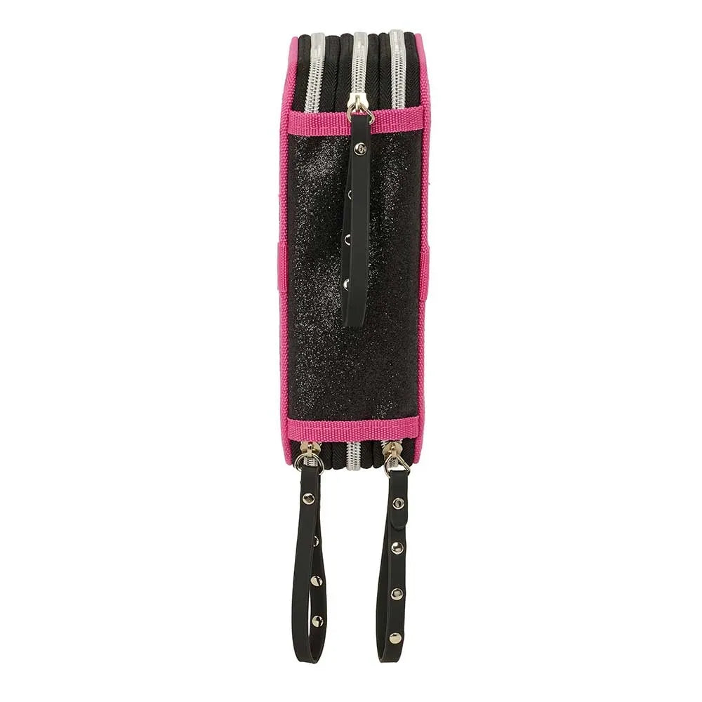 Schwarzes Federmäppchen mit Glitzer und pinken Akzenten, drei Reißverschlüsse, zwei Anhänger