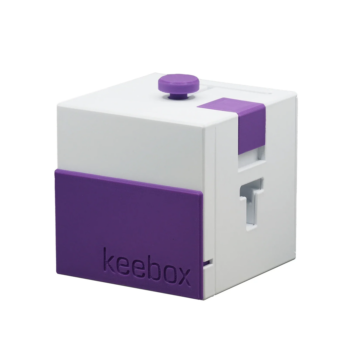 Keebox Würfel mit lila Akzenten und Knopf oben