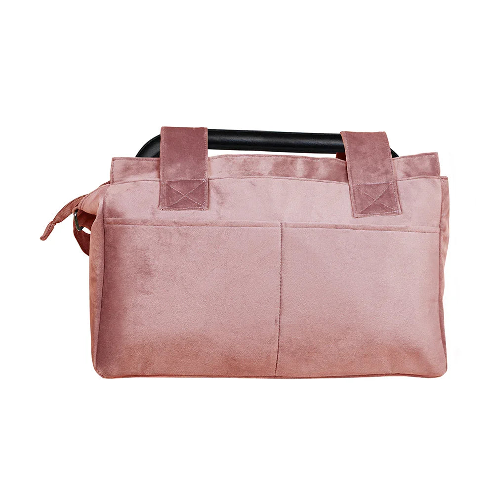 Rosa Wickeltasche aus Samt mit schwarzem Griff und Reißverschluss