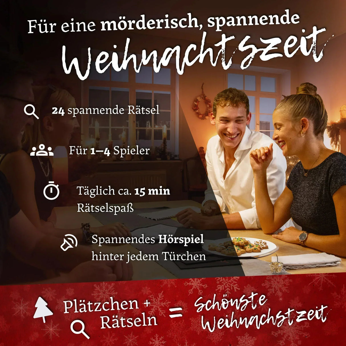 Vier Personen spielen ein WeihnachtsrÀtselspiel mit Keksen auf dem Tisch