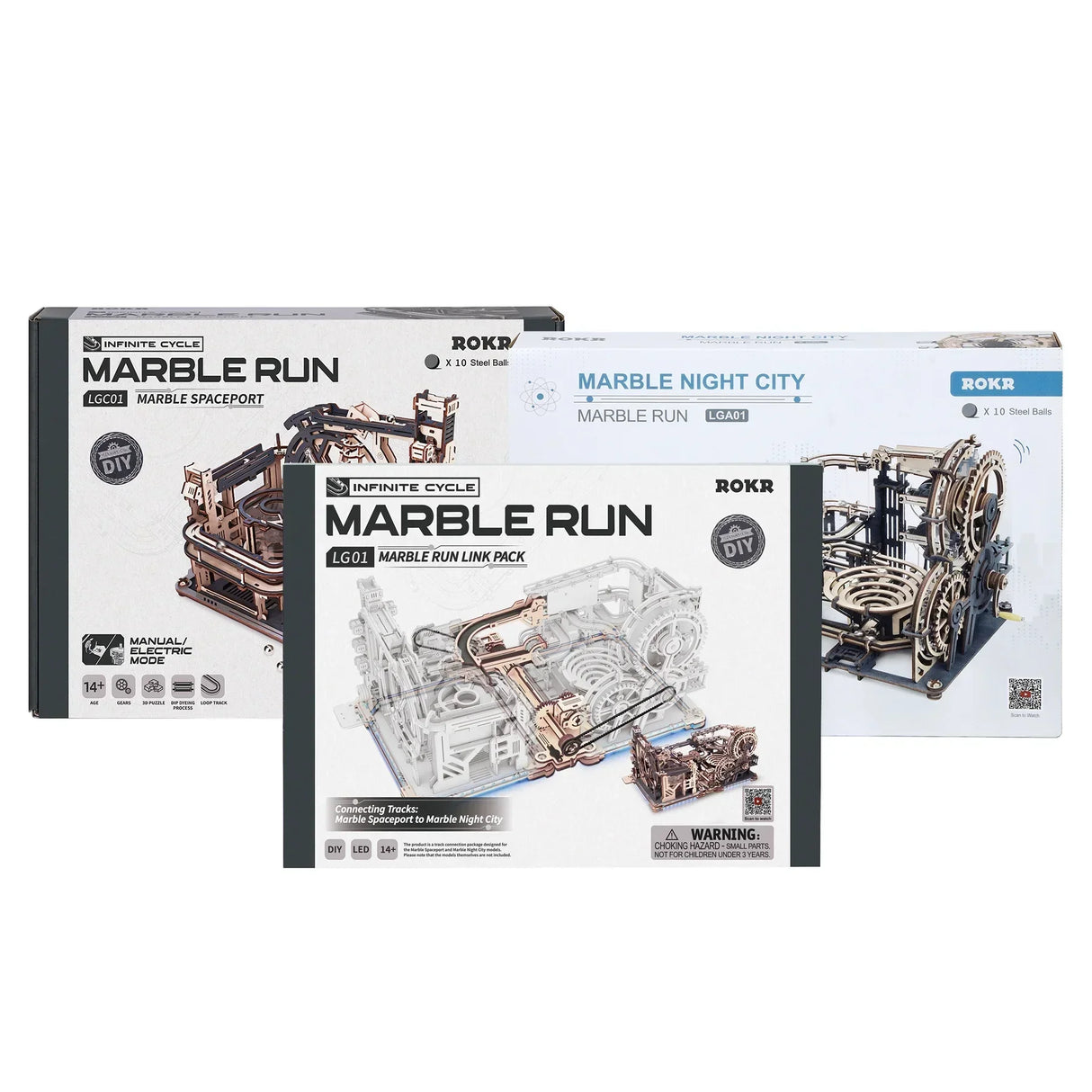 Drei ROKR Marble Run Bausätze: Marble Spaceport, Marble Run Link Pack und Marble Night City