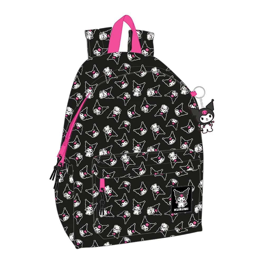 Schwarzer Rucksack mit Kuromi-Muster und pinken Reißverschlüssen