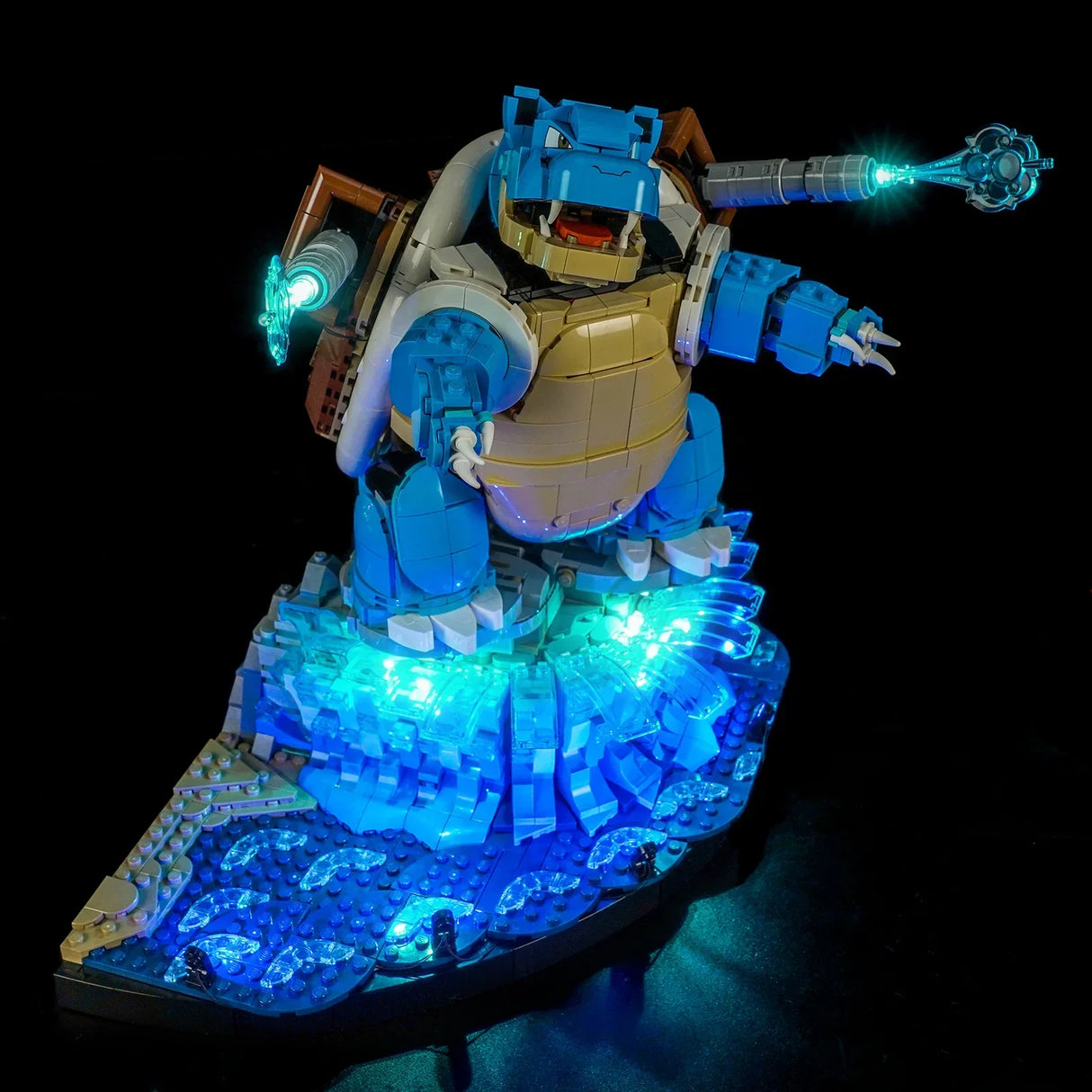 Blastoise Lego Figur mit leuchtenden Wasserkanonen und leuchtender Wasserbasis