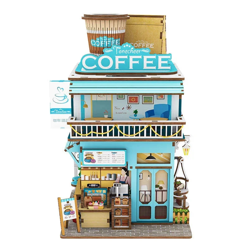 Miniatur-Kaffeehaus-Modellbausatz mit zwei Etagen und Balkon