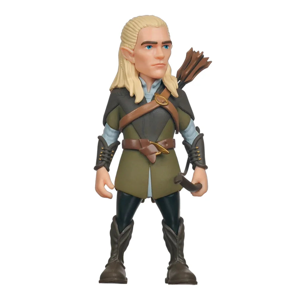 Legolas Figur mit blonden Haaren, blauen Augen, grünem Tunika, braunem Gürtel, Stiefeln und Köcher mit Pfeilen