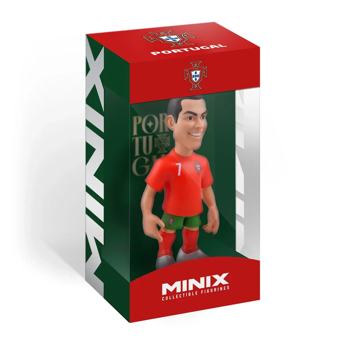 Minix Sammelfigur von Cristiano Ronaldo im roten Portugal-Trikot mit der Nummer 7 in einer Schachtel