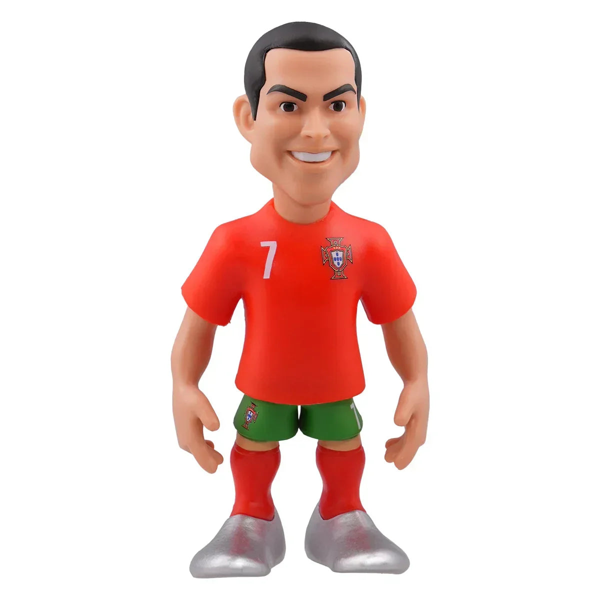 Karikaturfigur eines Fußballspielers in rotem Trikot mit Nummer 7 und grünen Shorts