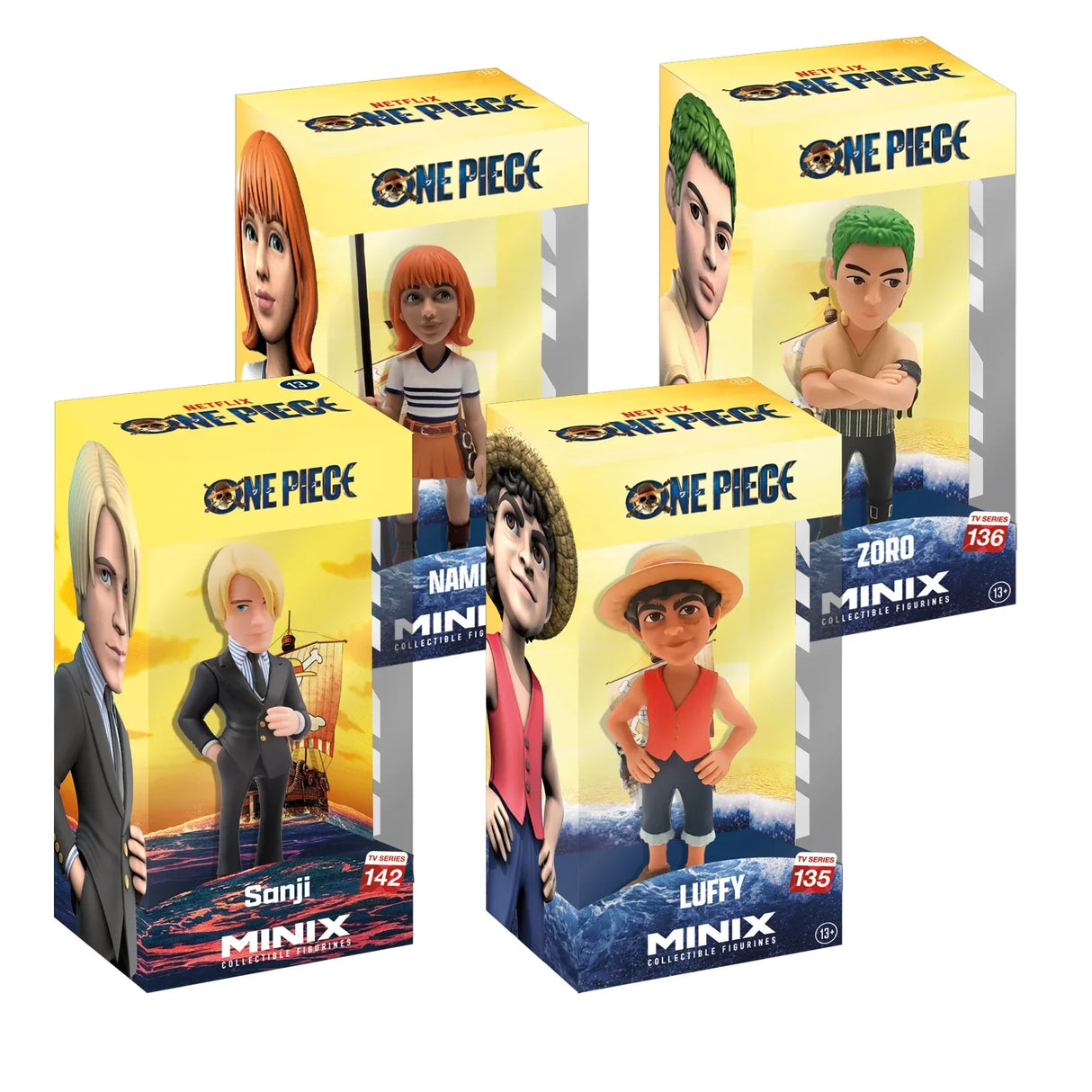 Vier One Piece Minix Sammelfiguren in ihren Verpackungen