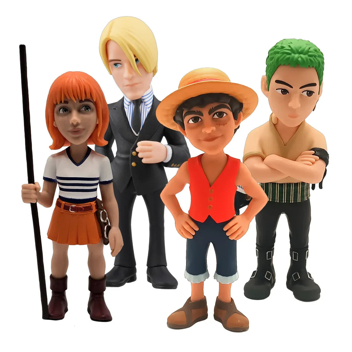 Vier One Piece Figuren: Nami, Sanji, Ruffy und Zorro