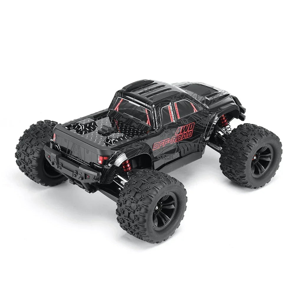Schwarzer ferngesteuerter Offroad-Truck mit roten Akzenten