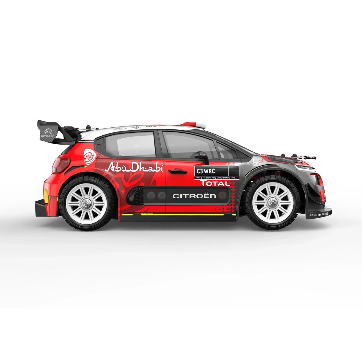Rotes und schwarzes Citroën C3 WRC Rallye-Modellauto mit Sponsorenlogos