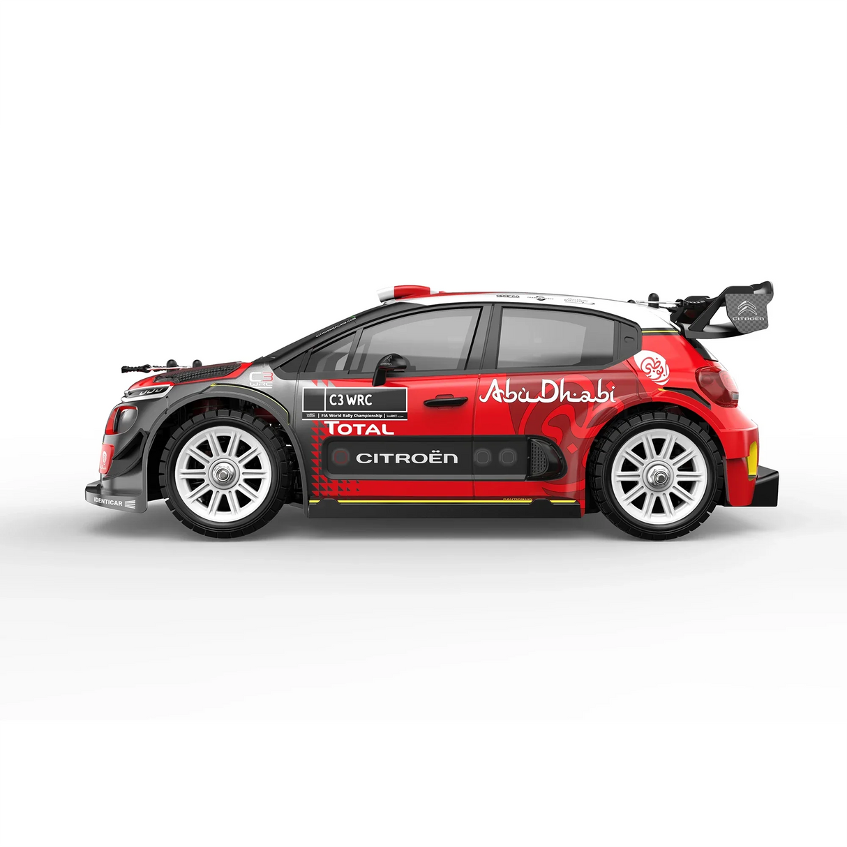 Rotes und schwarzes Citroën C3 WRC Rallyeauto Modell mit Sponsorenlogos
