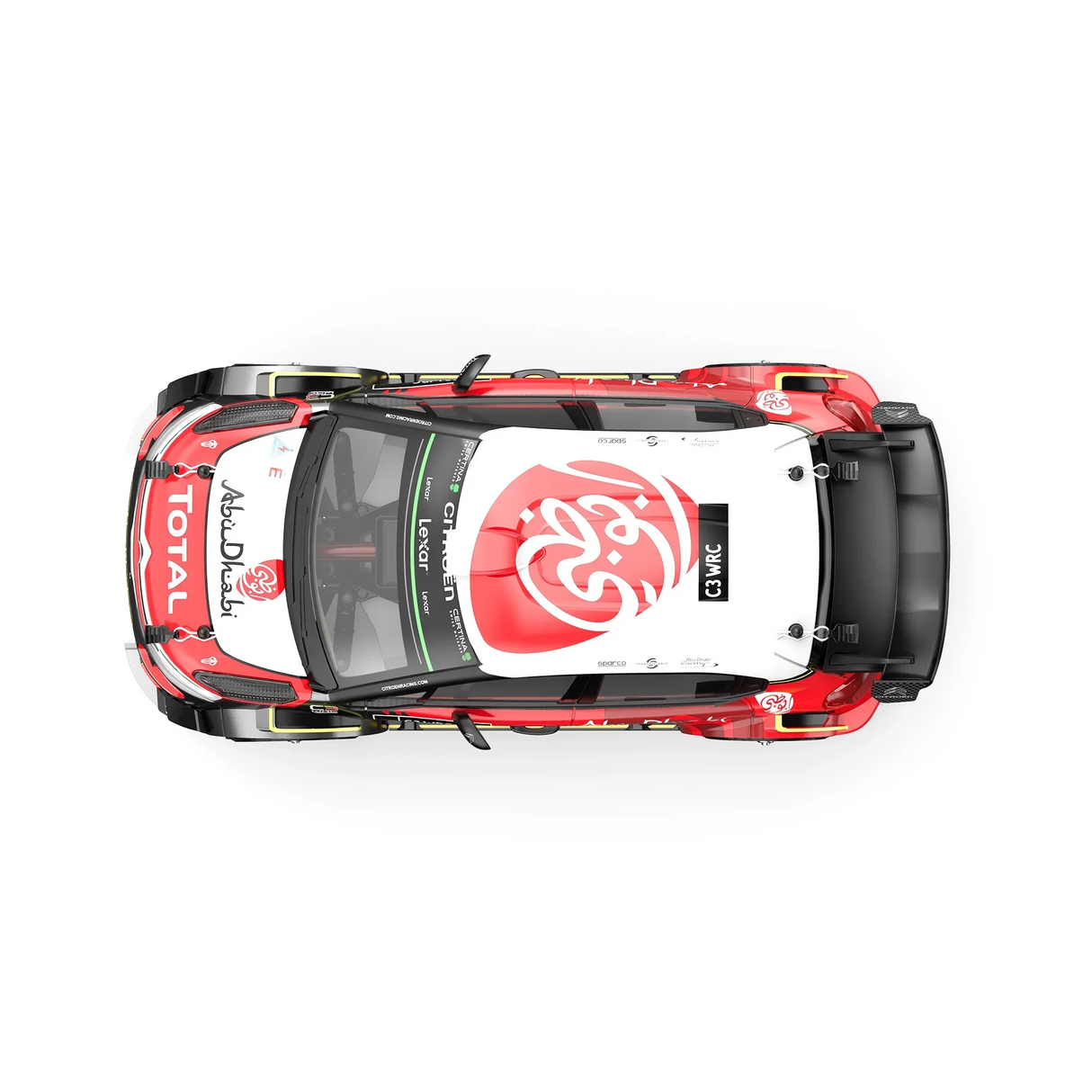 Roter und weißer Citroën C3 WRC Rallye-Rennwagen von oben gesehen