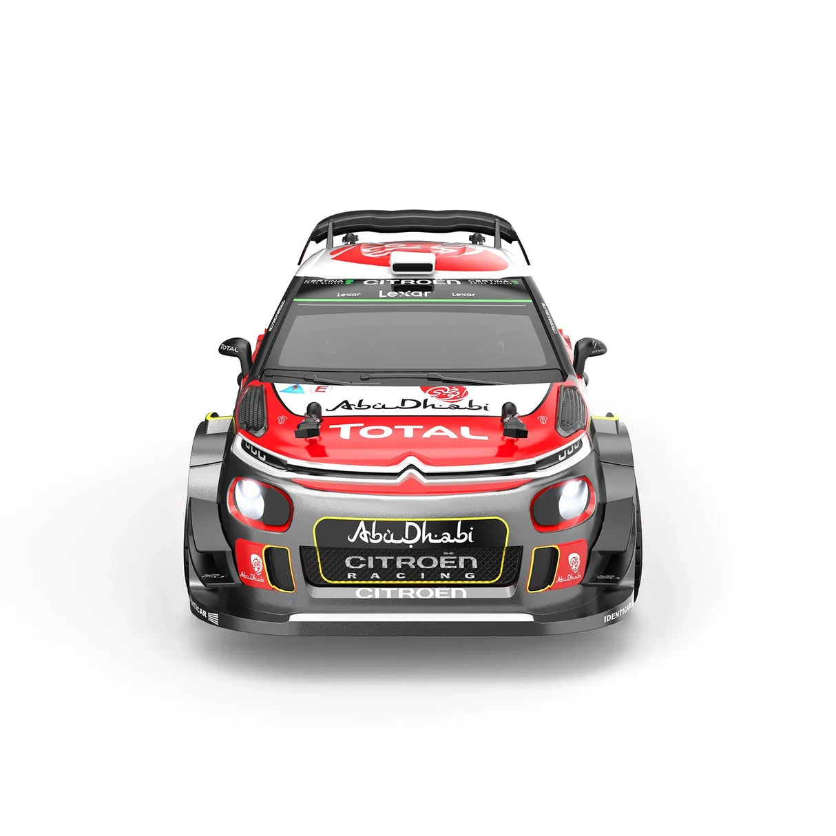 Roter und grauer Citroën Rallye-Rennwagen mit Sponsorenlogos