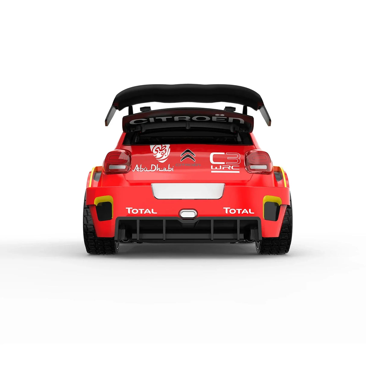 Rückansicht eines roten Citroën C3 WRC Rallyeautos mit Sponsorenlogos