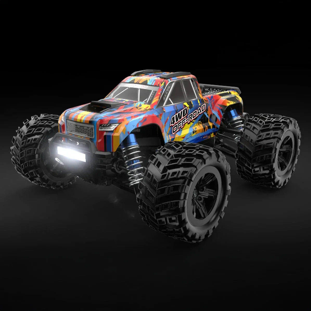 RC-Truck mit bunten Mustern und leuchtenden Scheinwerfern