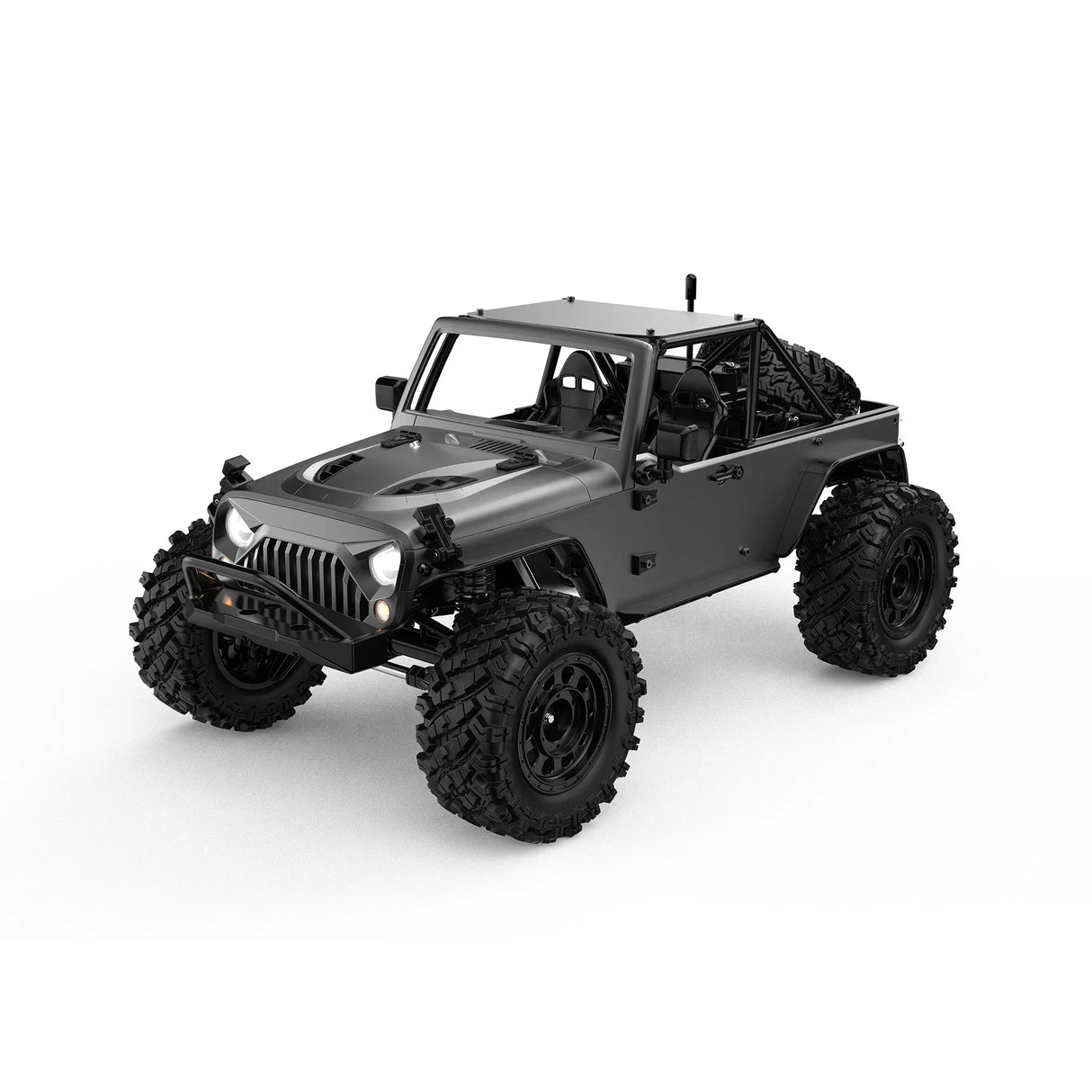 Grauer Jeep Wrangler mit großen Reifen und Überrollkäfig