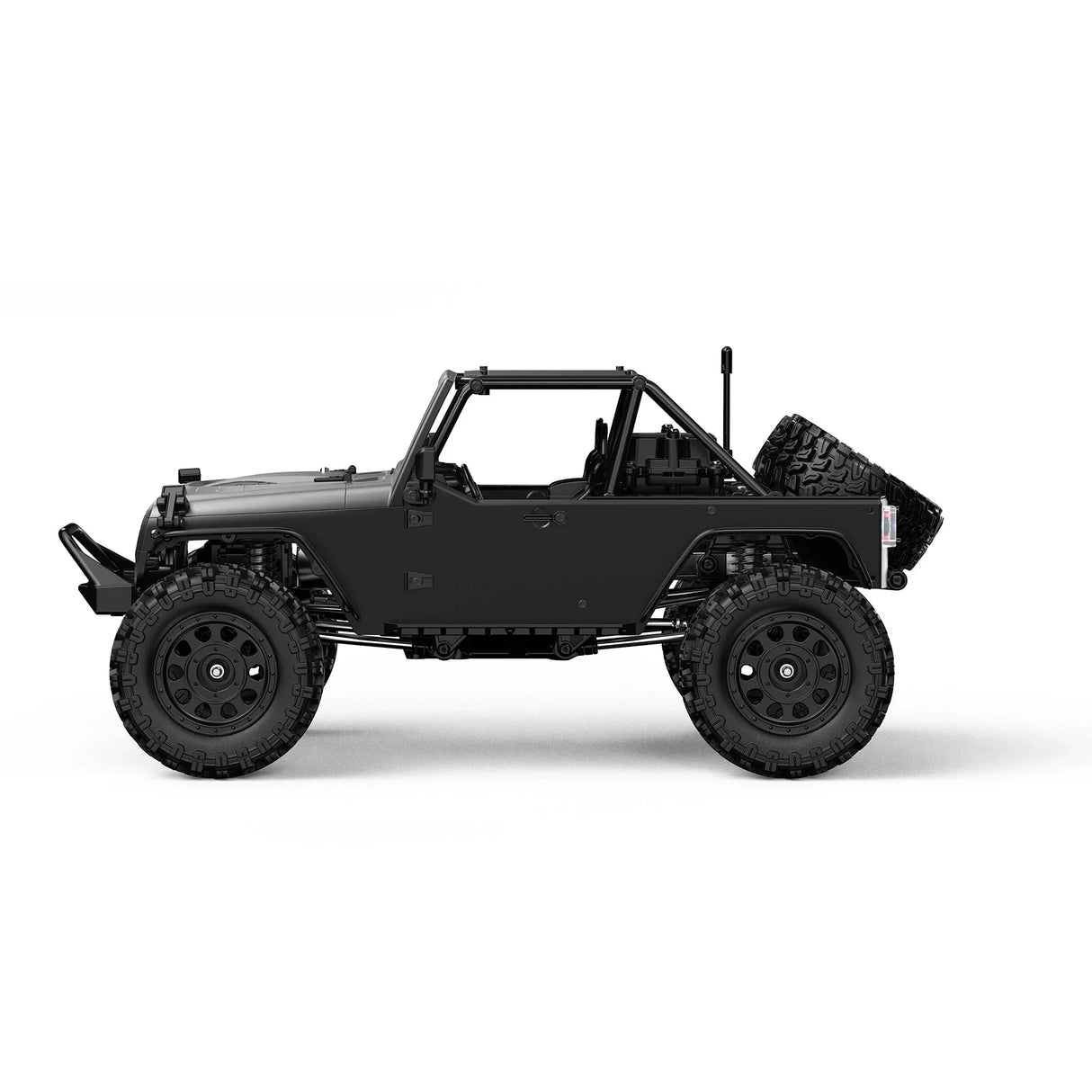 Schwarzer Jeep mit Ersatzreifen am Heck