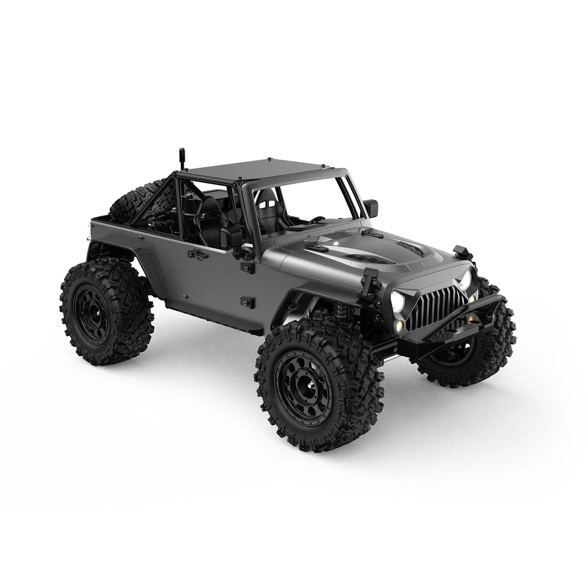 Grauer Jeep mit großen Reifen und Überrollbügel