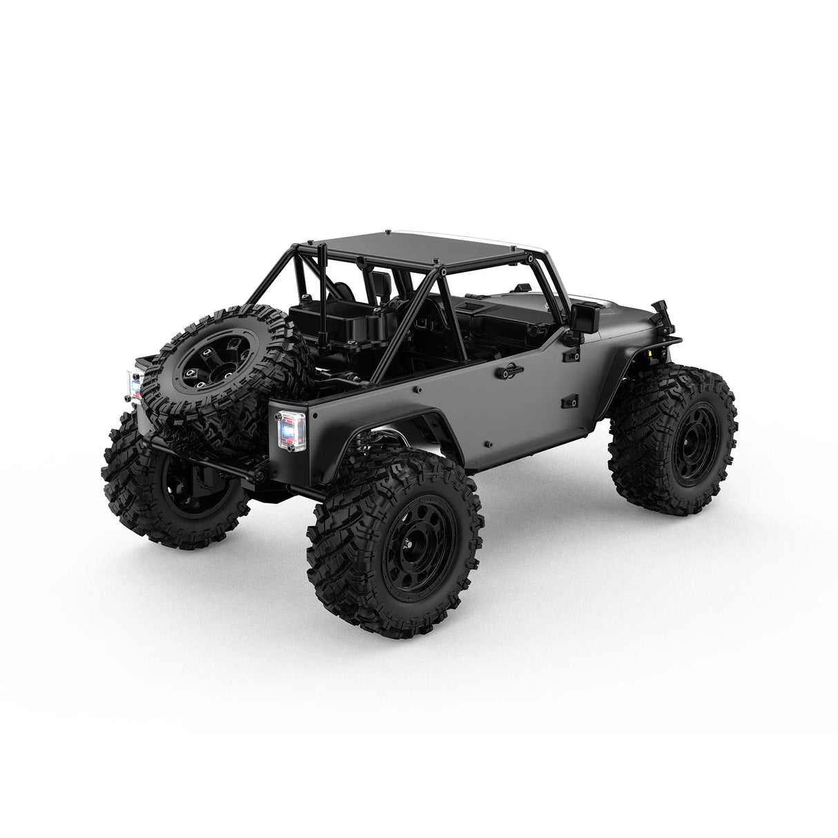 Grauer Jeep mit Überrollkäfig und Ersatzreifen hinten