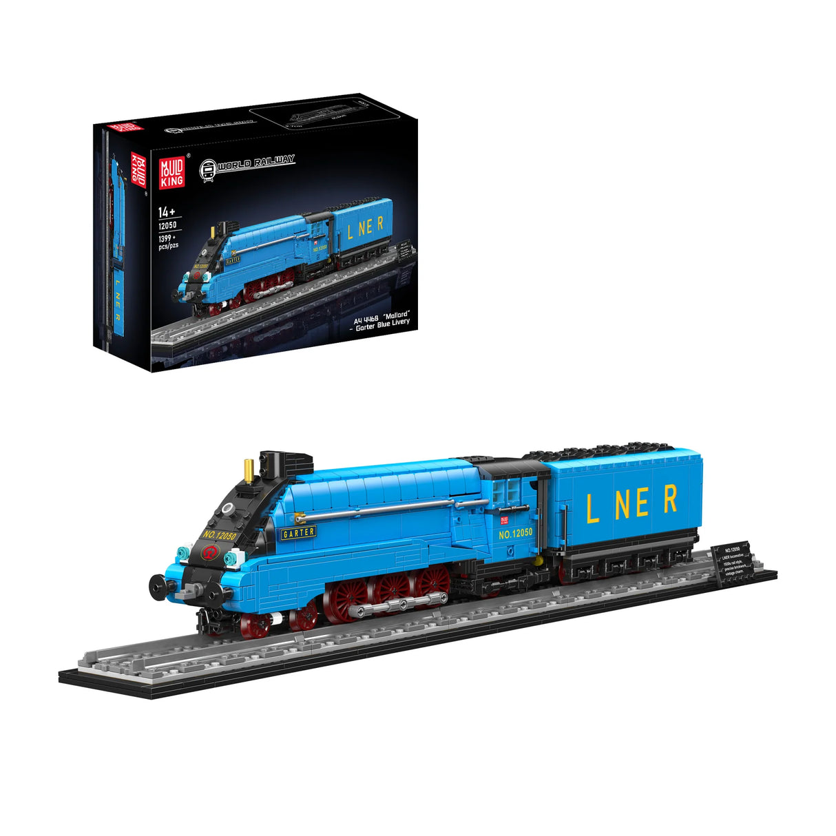 Mould King Dampflokomotive A4 4468 Mallard Klemmbausteine Set 12050 – blaue LNER-Lok mit Schienen und 1399 Teilen