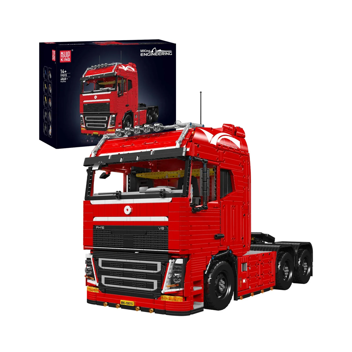 Roter LKW-Modellbausatz mit schwarzer Verpackung im Hintergrund