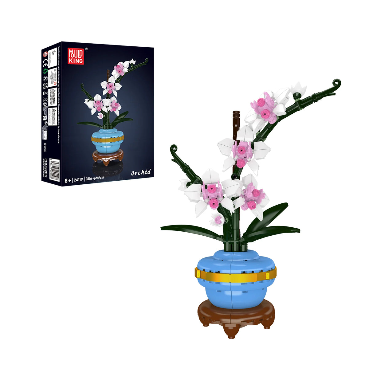 Mould King Orchidee Klemmbausteine Set 24119 – weiß-rosa Orchidee im blauen Topf mit Verpackung und 386 Teilen