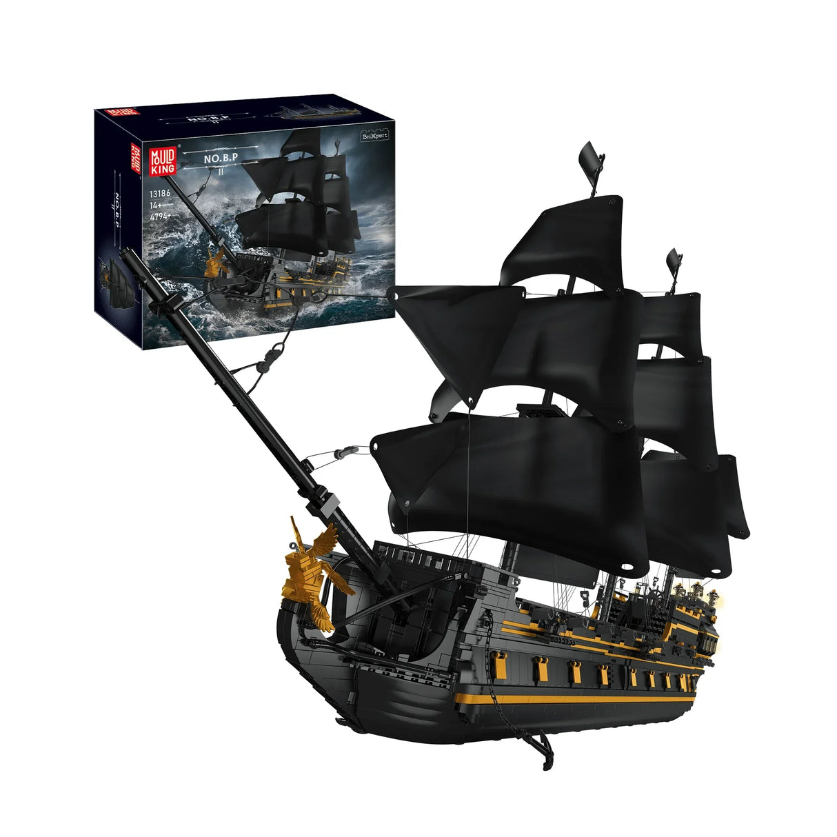 Mould King Piratenschiff mit schwarzen Segeln und goldener Verzierung, daneben die Produktverpackung
