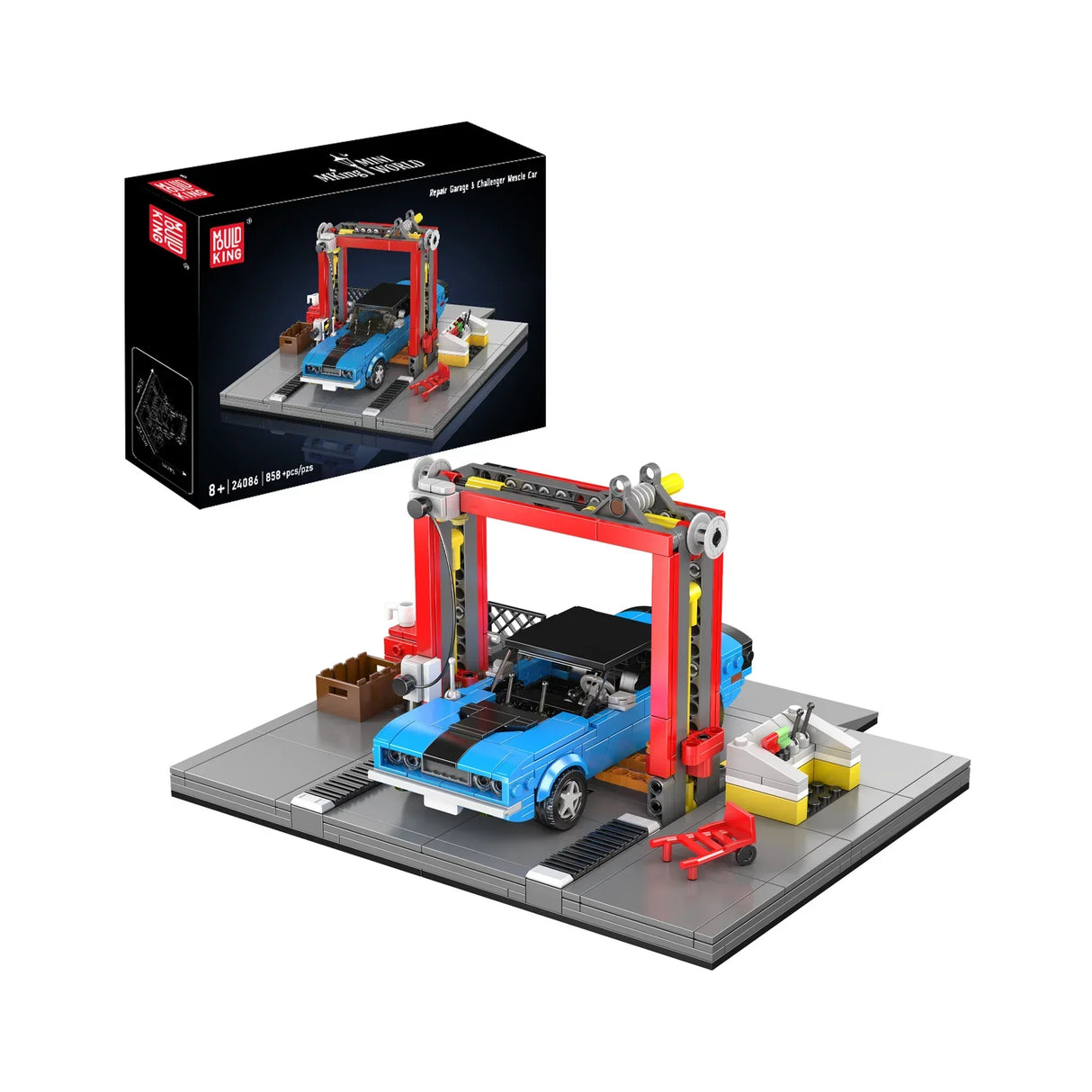 Mould King Repair Garage & Challenger Muscle Car Set mit blauer Sportwagen-Miniatur und Hebebühne