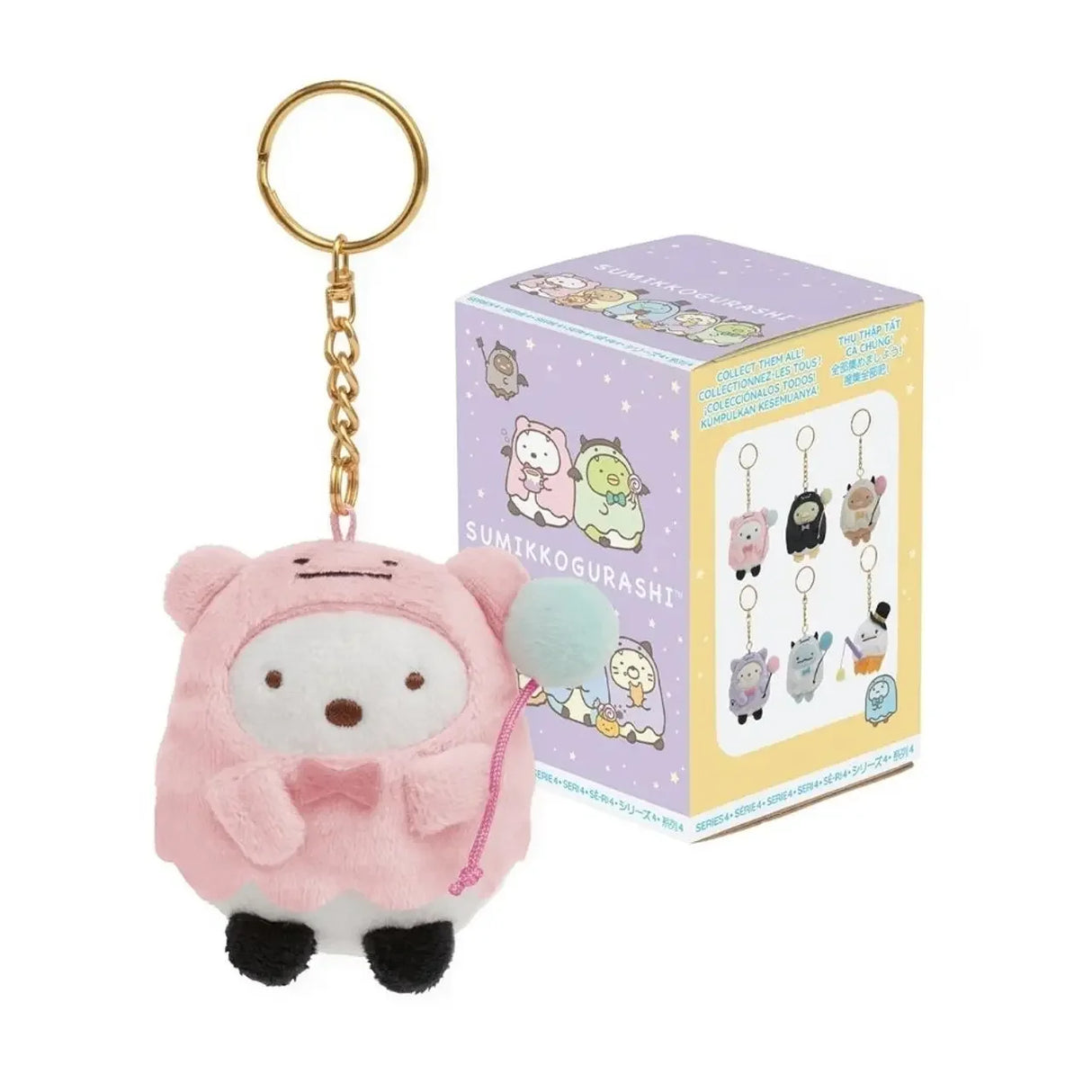 Sumikkogurashi Plüsch-Schlüsselanhänger in rosa Bärenkostüm mit Schachtel