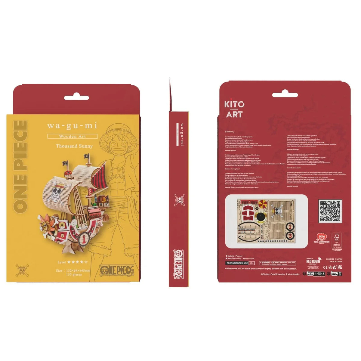 Verpackung des One Piece Thousand Sunny Holzmodells mit Vorder-, Seiten- und Rückansicht