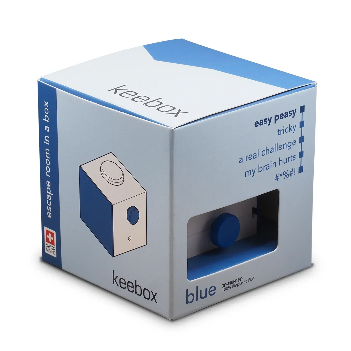 Keebox Escape Room in a Box Verpackung in Blau und Weiß