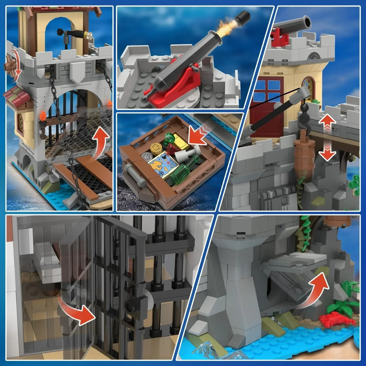 Eine Collage von sechs Bildern, die verschiedene Funktionen eines Spielzeugschlosses zeigen