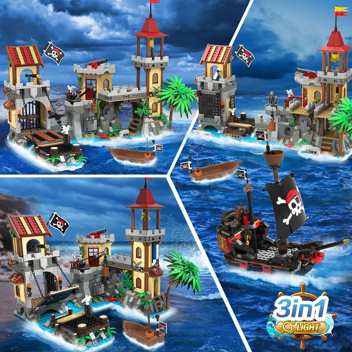 Piratenfestung mit Schiff und Booten auf dem Wasser