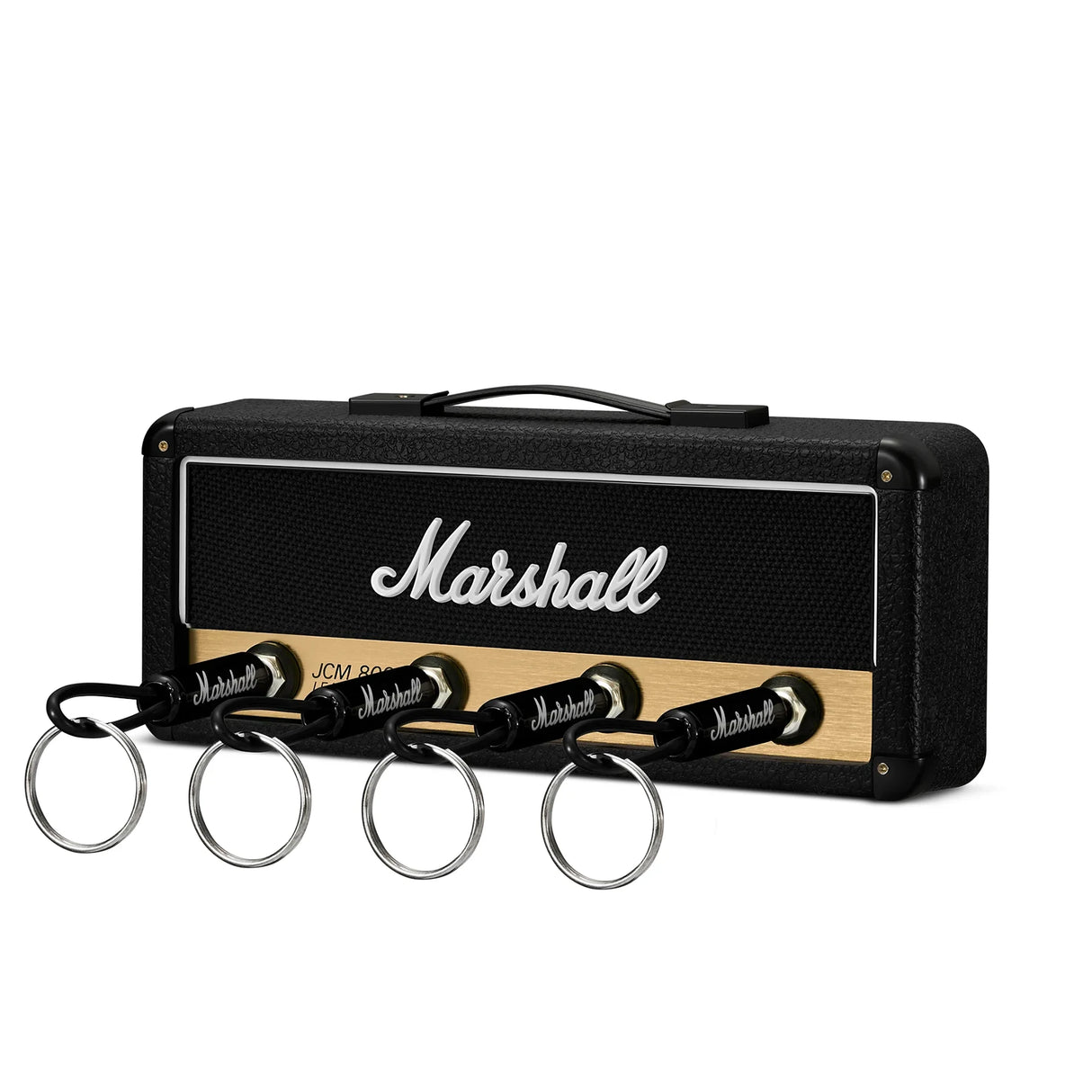 Pluginz Marshall JCM 800 Jack Rack Schlüsselhalter mit vier Marshall-Schlüsselanhängern in Seitenansicht