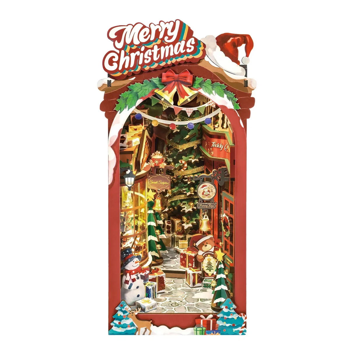 Weihnachtliche Miniatur-Diorama mit Geschäften, Weihnachtsbaum, Geschenken und Schneemann