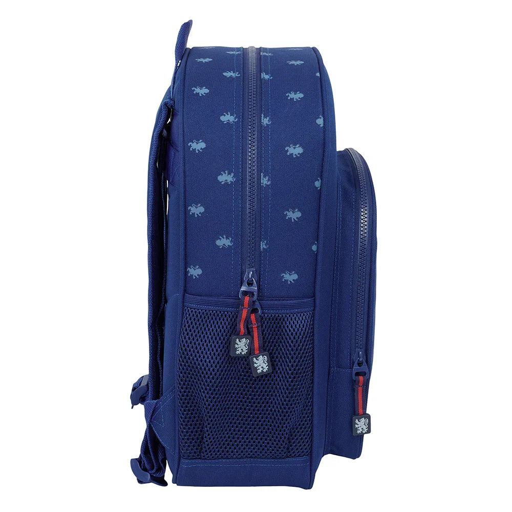 Blauer Rucksack mit Reißverschlüssen und Netztasche