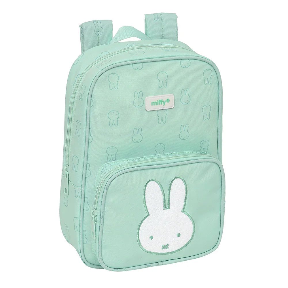 Miffy Rucksack in Mintgrün mit Hasenmuster und großem Miffy-Gesicht auf der Vordertasche