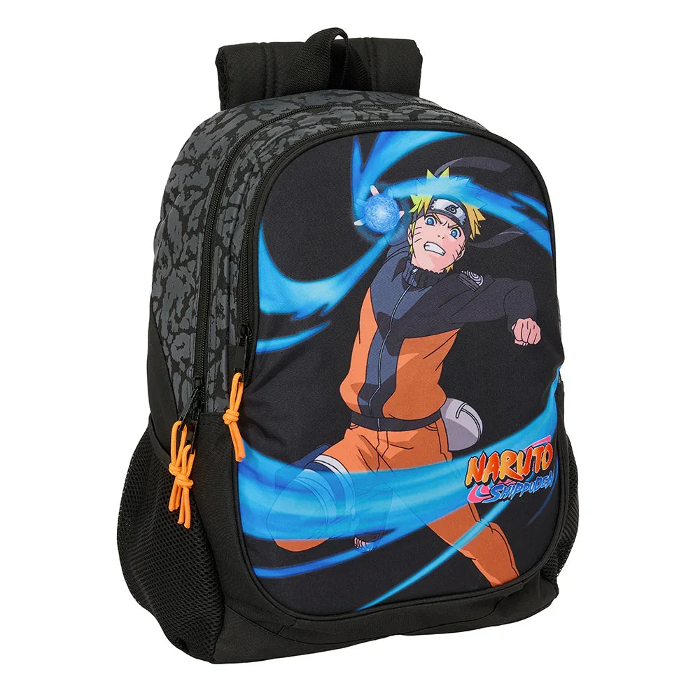 Schwarzer Rucksack mit Naruto-Druck, der einen blauen Energieball hält