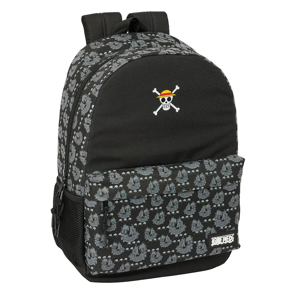 Schwarzer Rucksack mit One Piece Totenkopf-Logo und Schiffsmuster