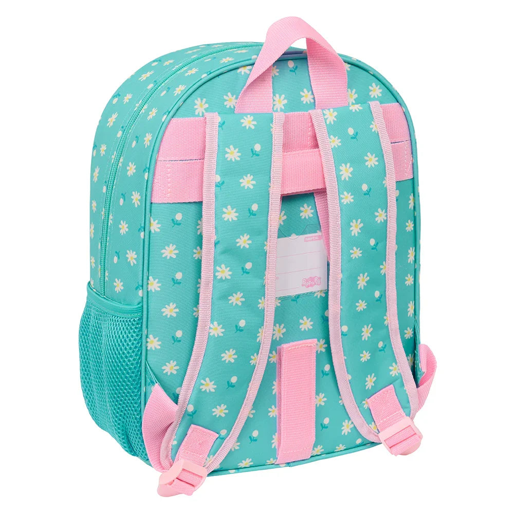 Türkisblauer Rucksack mit Gänseblümchenmuster und rosa Trägern