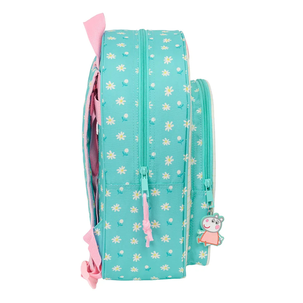Türkisblauer Rucksack mit Gänseblümchenmuster und Peppa Wutz Anhänger