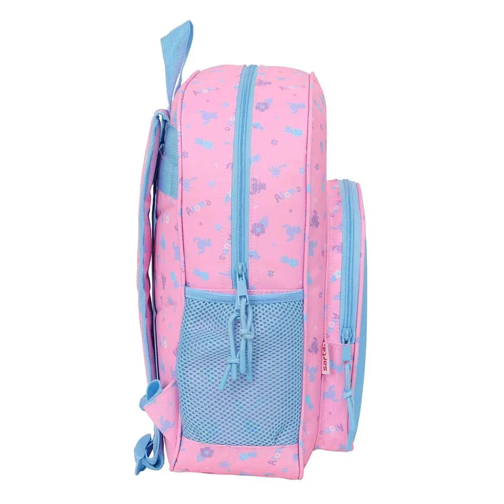 Rosa Rucksack mit blauen Reißverschlüssen und Netzseitentasche