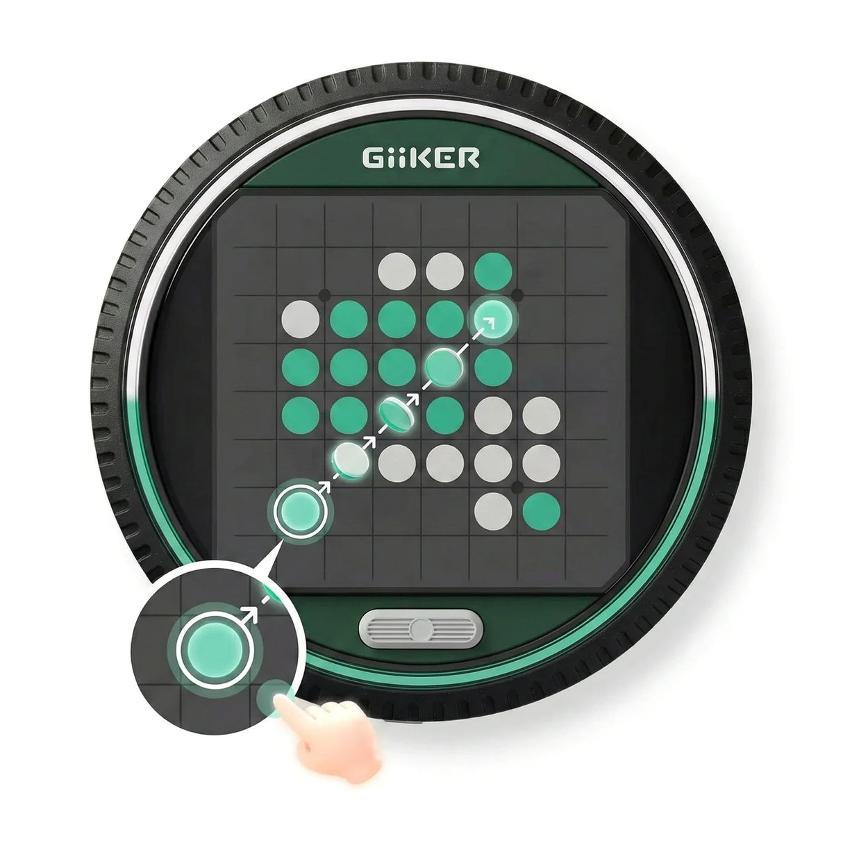 Giiker Brettspiel mit grünen und weißen Spielsteinen und einer Hand, die einen Spielstein bewegt