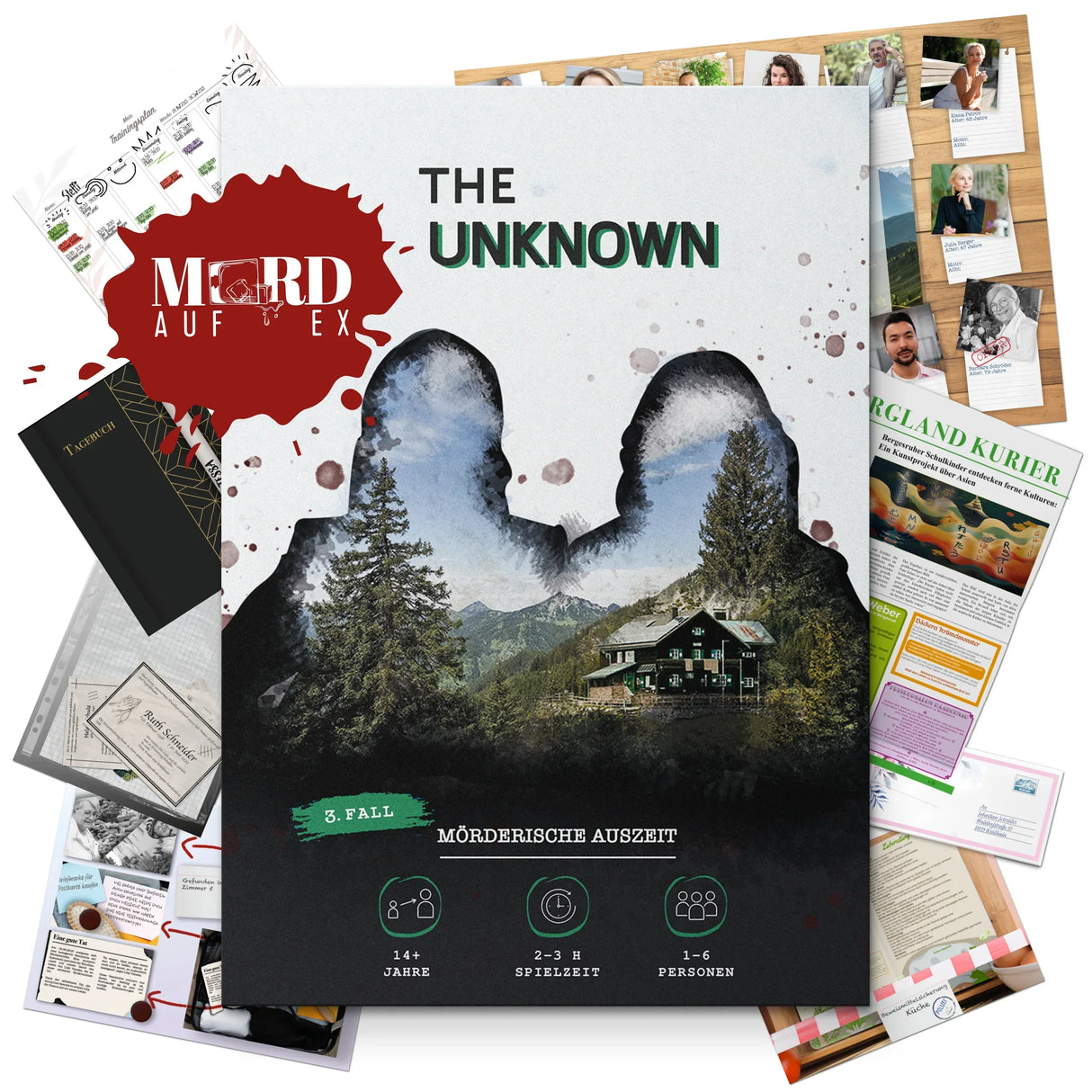 Mord auf Ex: The Unknown Brettspiel mit Hinweisen, Tagebuch und Zeitungsausschnitten