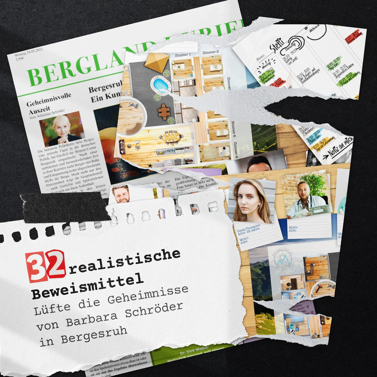 Collage aus zerrissenen Zeitungsartikeln und Fotos, die ein Verbrechen in den Bergen darstellen