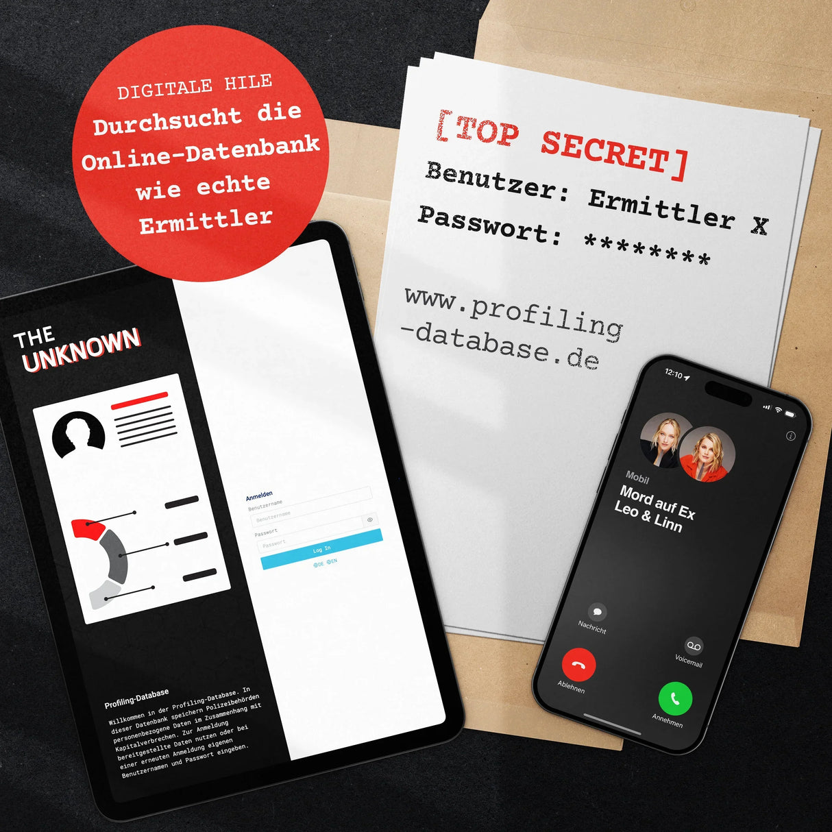 Ein Tablet, ein Smartphone und ein Dokument mit der Aufschrift „TOP SECRET“ liegen auf einem Tisch